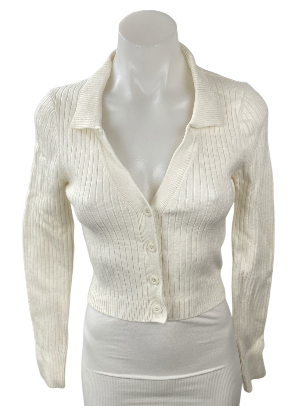 Emory Park Women's Cream Ivory Ribbed Knit Cropped Button Up Cardigan Top Size M